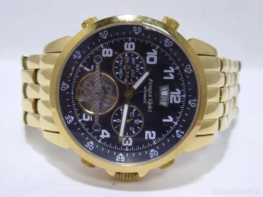 Relojes autom&aacute;ticos: Amscot Field Autom&aacute;tico Dorado 41mm &ndash; Esfera Negra, Multifunci&oacute;n, Acero, Gran Presencia