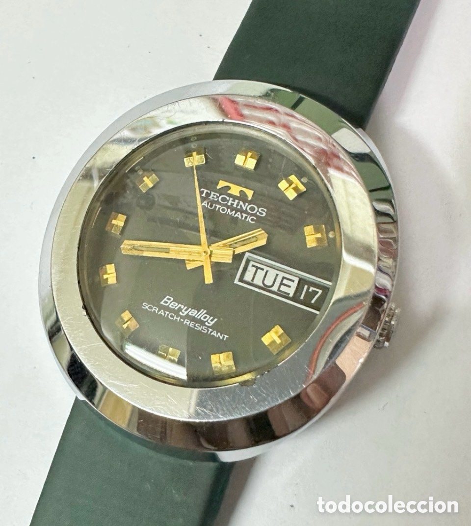 Automatic Watches: Antiguo Reloj TECHNOS BERYALLOY AUTOM&Aacute;TIC SCRATCH-RESISTANT CALENDAR SWISS VINTAGE