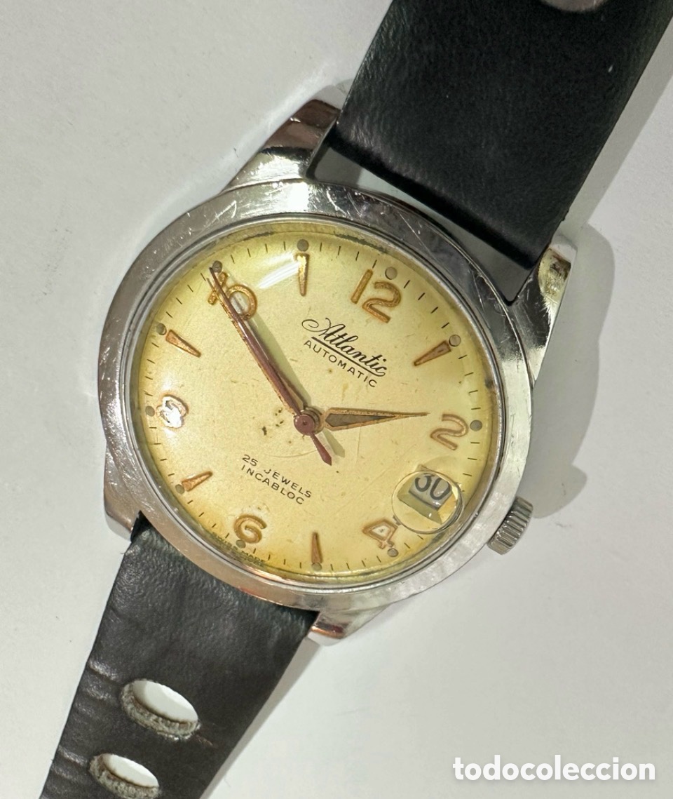 Automatic Watches: Antiguo Reloj ATLANTIC AUTOM&Aacute;TIC INCABLOC 25 JEWELS CON DIYA Y LUPA SWISS VINTAGE ACERO INOXIDABLE