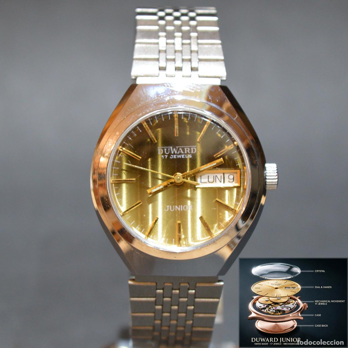 Montres automatiques: RELOJ DE PULSERA AUTOMATICO DUWARD JUNIOR 17 RUBIS CON CALENDARIO ESFERA IRISADA NUEVO SIN USO