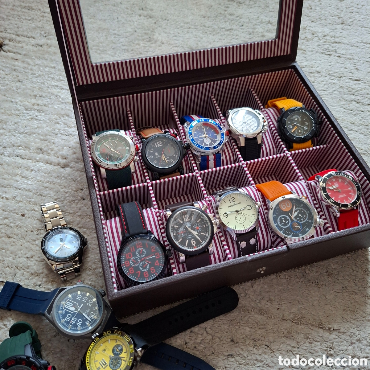 Relojes autom&aacute;ticos: Lote 14 Relojes de Pulsera Colecci&oacute;n (Calgary, Neptune y otros) + Caja similPiel , tapa cristal