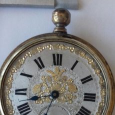 Relojes de bolsillo: BONITO RELOJ DE BOLSILLO SUIZO. LACADO EN ORO 18 KTS SOBRE PLATA. ANTIGUO. FOTO DE MAQUINARIA. Lote 193865351