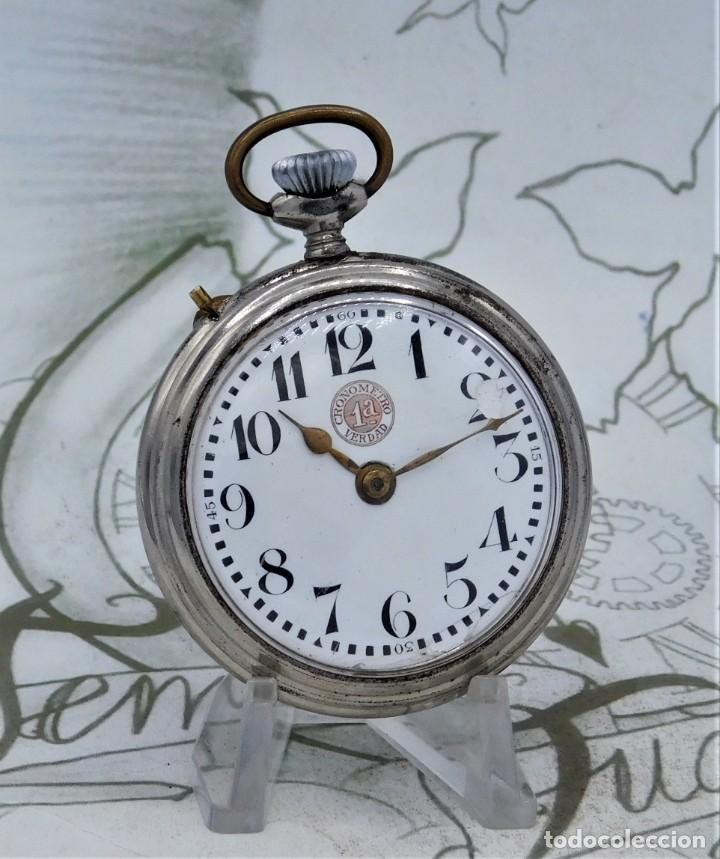 Antiguo Reloj de Bolsillo con Cronómetro. Metal Plateado. Circa 1930