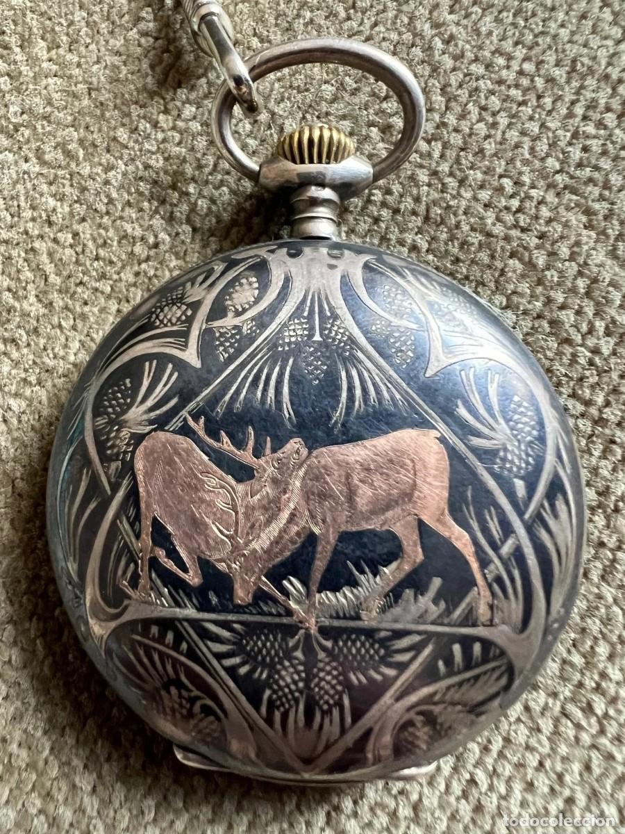 Relojes de bolsillo: IMPRESIONANTE SAVONETA PLATA 800 NIELLO Y ORO-SEELAND-SUIZA-A&Ntilde;O 1900-CON LEONTINA-FUNCIONA