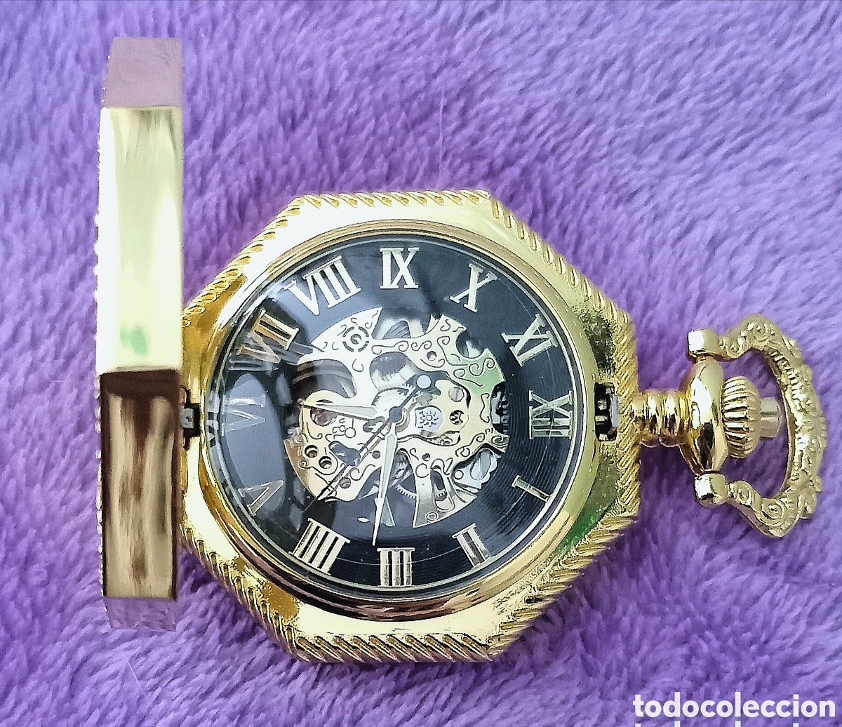 Rel&oacute;gios de bolso: Original reloj de bolsillo mec&aacute;nico de cuerda. Hexagonal dorado con tapa hueco 4,5cm A. Muy bonito