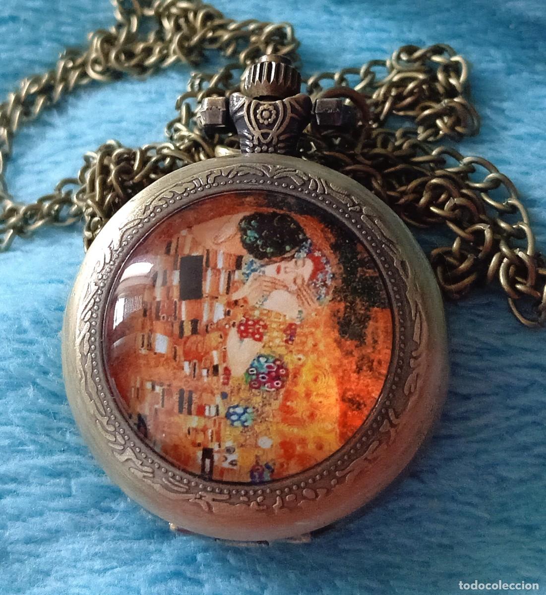 Relojes de bolsillo: Original reloj de bolsillo de carga manual negro Gustav Klimt El Beso. Con tapa y cristal 3,5cm di&aacute;m