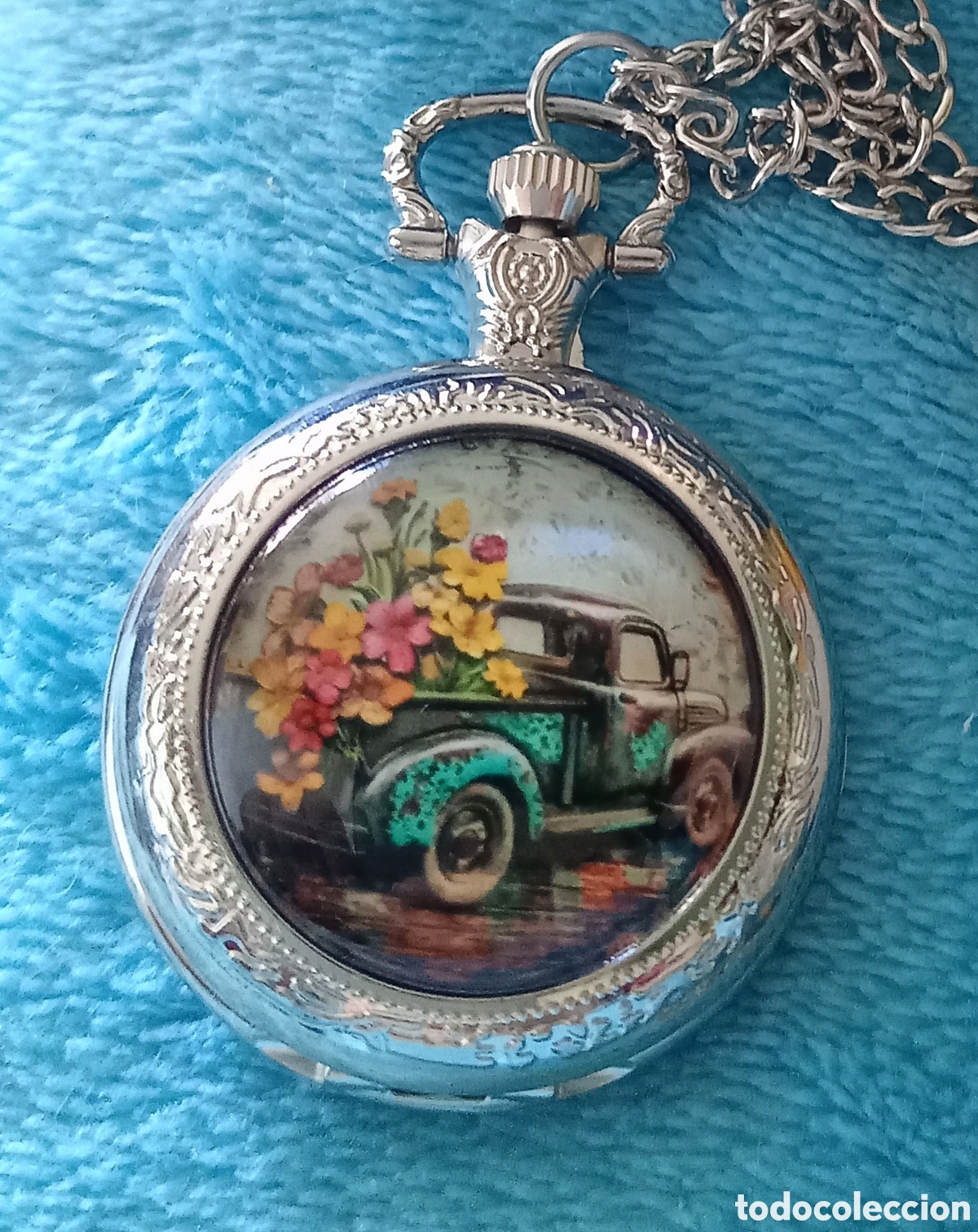 Relojes de bolsillo: Original reloj de bolsillo de carga manual color plateado coche retro. Con tapa y cristal 3,5cm di&aacute;m