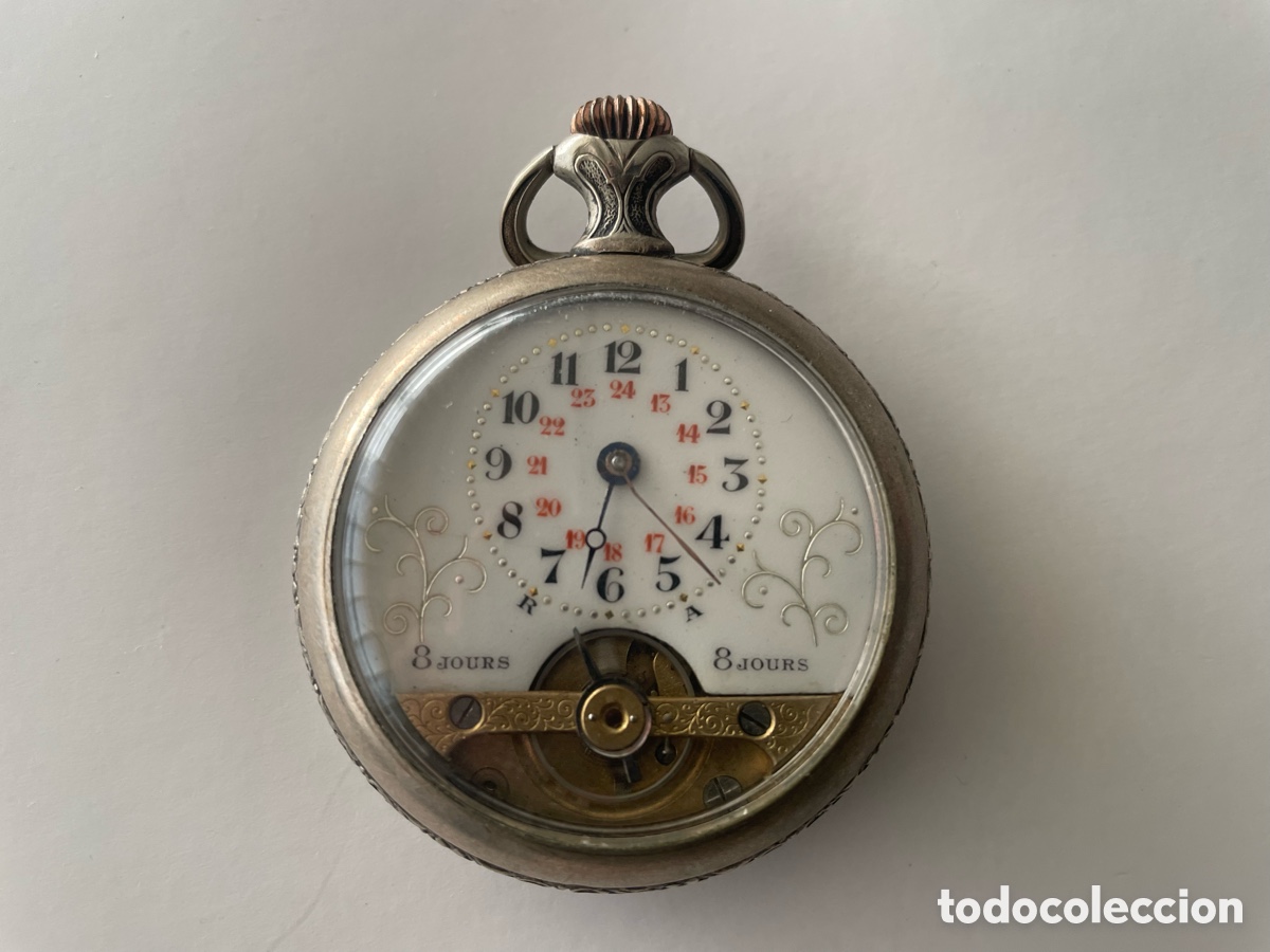 Relojes de bolsillo: Reloj Bolsillo 8 D&iacute;as Cuerda Caja Plata Firmada Frainier Relieve Floral Funciona
