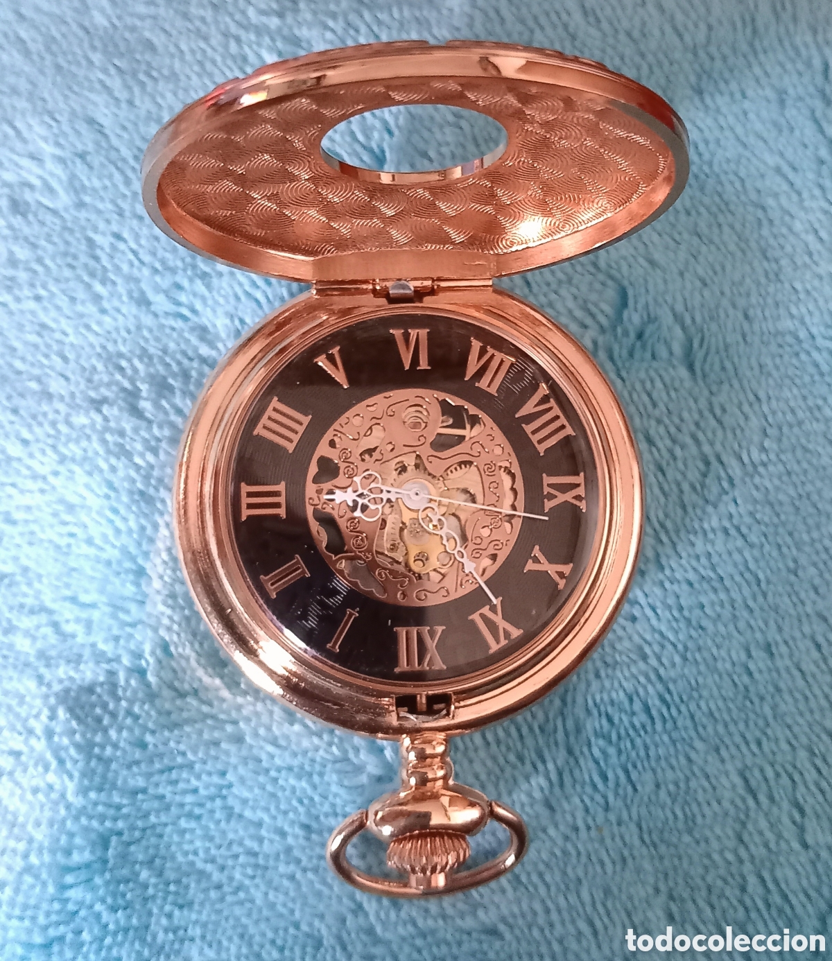 Rel&oacute;gios de bolso: Original reloj de bolsillo de carga manual mec&aacute;nico de cuerda color oro rosa y negro con tapa hueco