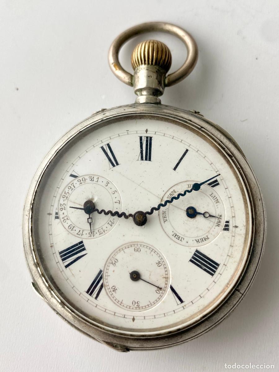 Taschenuhren: Reloj de bolsillo . Caja plata . Calendario, dia semana. c1900