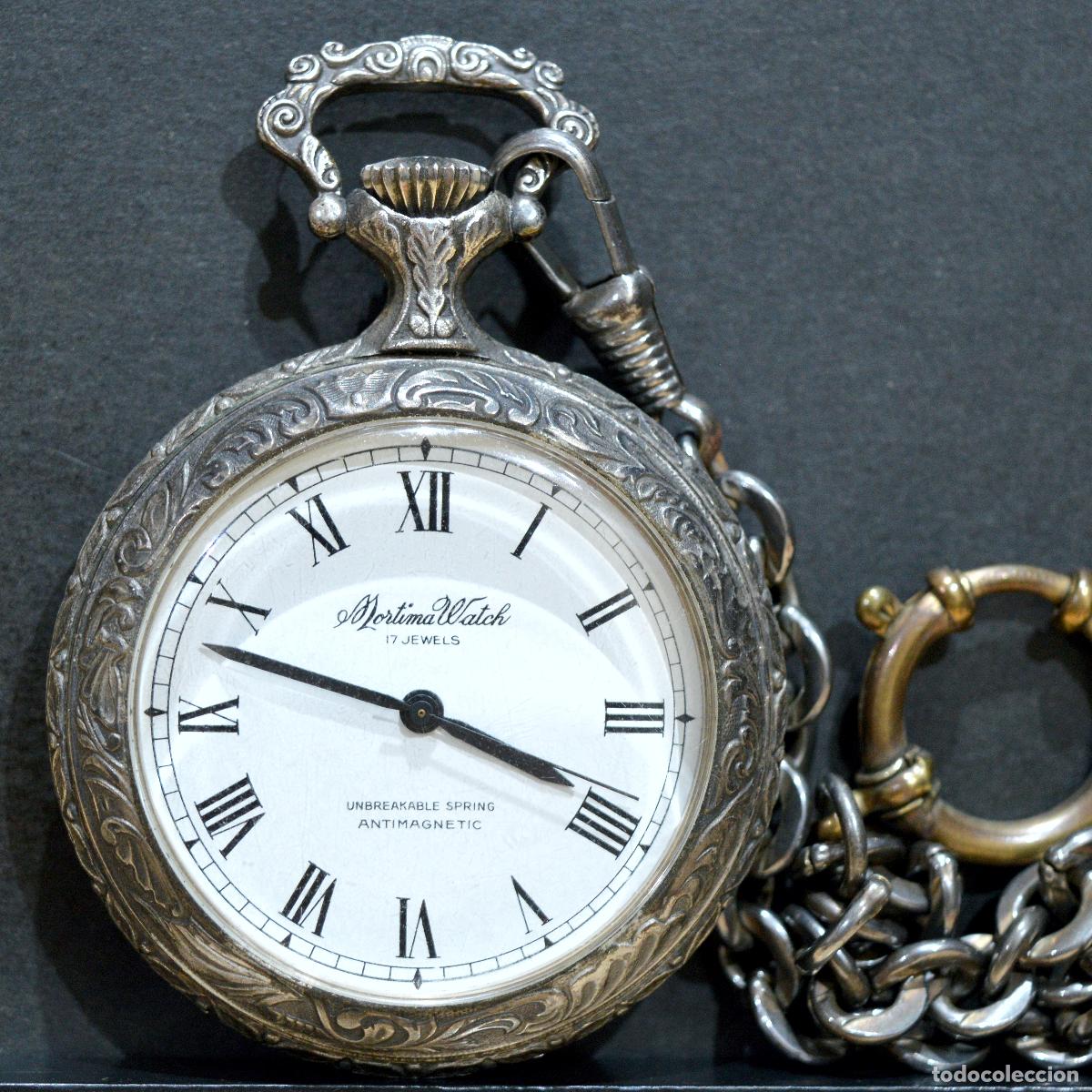 Relojes de bolsillo: RELOJ DE BOLSILLO OPEN-FACE MORTIMA WATCH CAJA SUIZA GRABADA CON ESCENA DE CAZA 17 RUB&Iacute;ES CADENA
