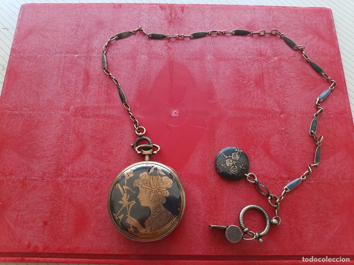 Relojes de bolsillo: Excelente reloj suizo esmaltado Art Deco medalla de oro 1895 de 3 tapas con leontina