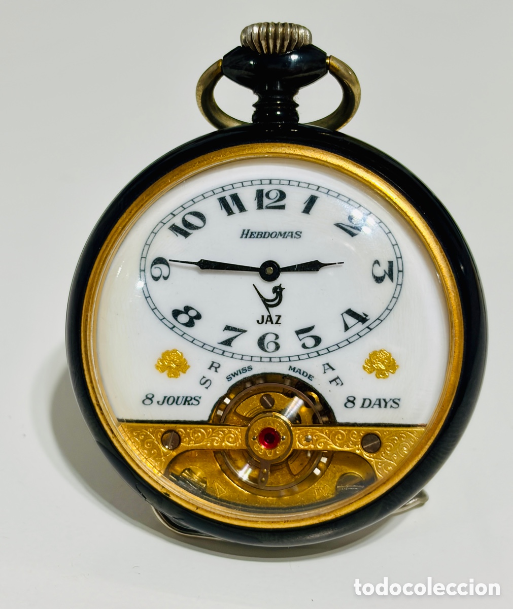 Relojes de bolsillo: Reloj de bolsillo HEBDOMAS JAZ 8 JOURS 8 DAYS Swiss Made &ndash; Volante visto &ndash; Funciona ca. 1920