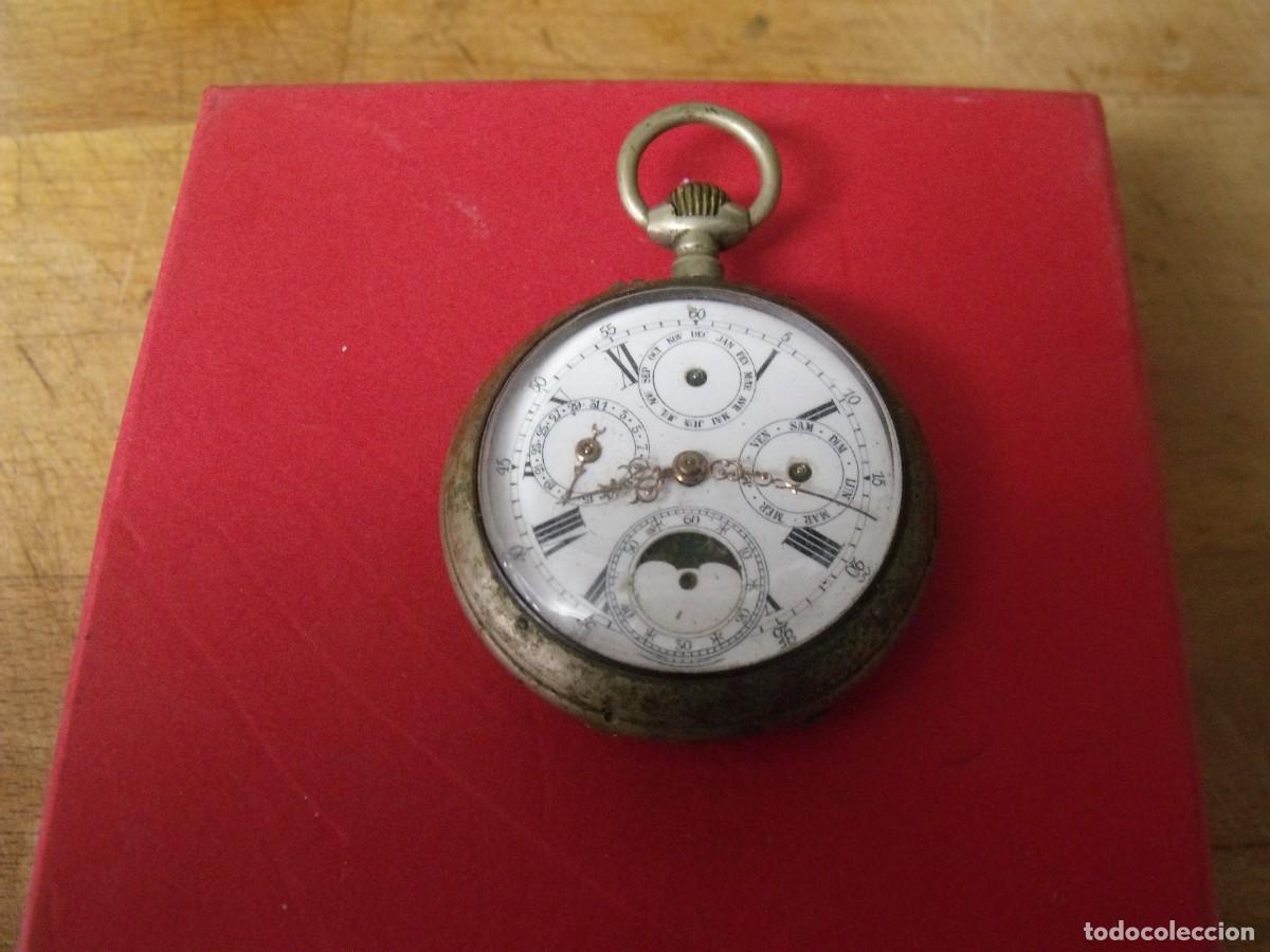 Relojes de bolsillo: ANTIGUO RELOJ BOLSILLO CON 4 FUNCIONES: CALENDARIOS-DIAS SEMANA-MESES-FASES LUNARES-LOTE 644