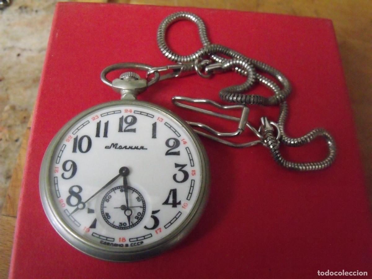 Pocket watches: ANTIGUO RELOJ BOLSILLO CROMO-MOLNIJA URSS de la Guerra Fria-a&ntilde;os 60-leontina-lote 259-96-FUNCIONA