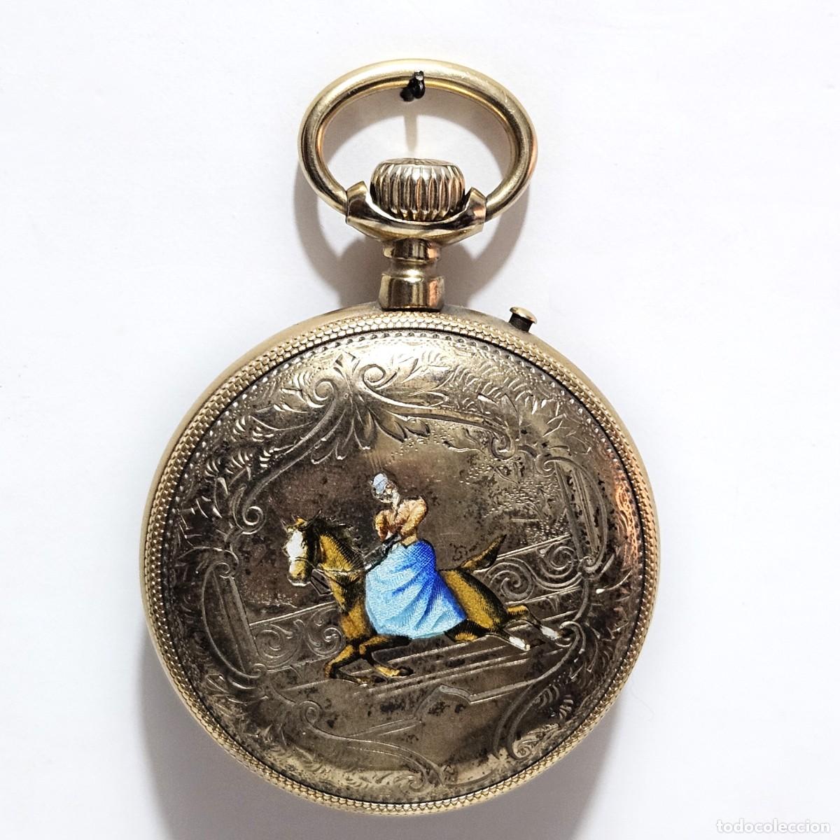 Relojes de bolsillo: RELOJ DE BOLSILLO H&Eacute;RCULES F.E. EXTRA SUPERIOR-A&Ntilde;O 1900. SUIZA. BA&Ntilde;ADO ORO. ESMALTE DAMA A CABALLO