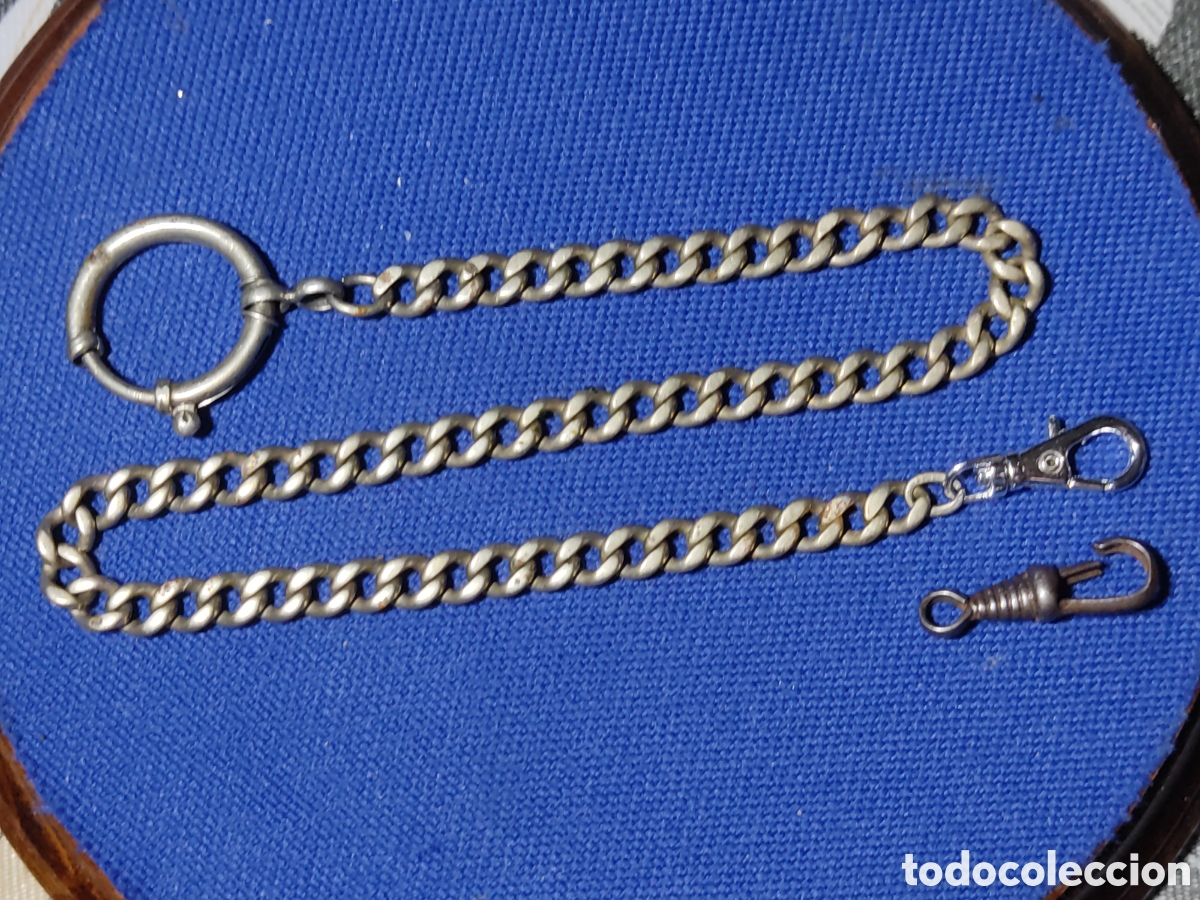 Relojes de bolsillo: Antigua leontina plateada recia, cadena para reloj de bolsillo.