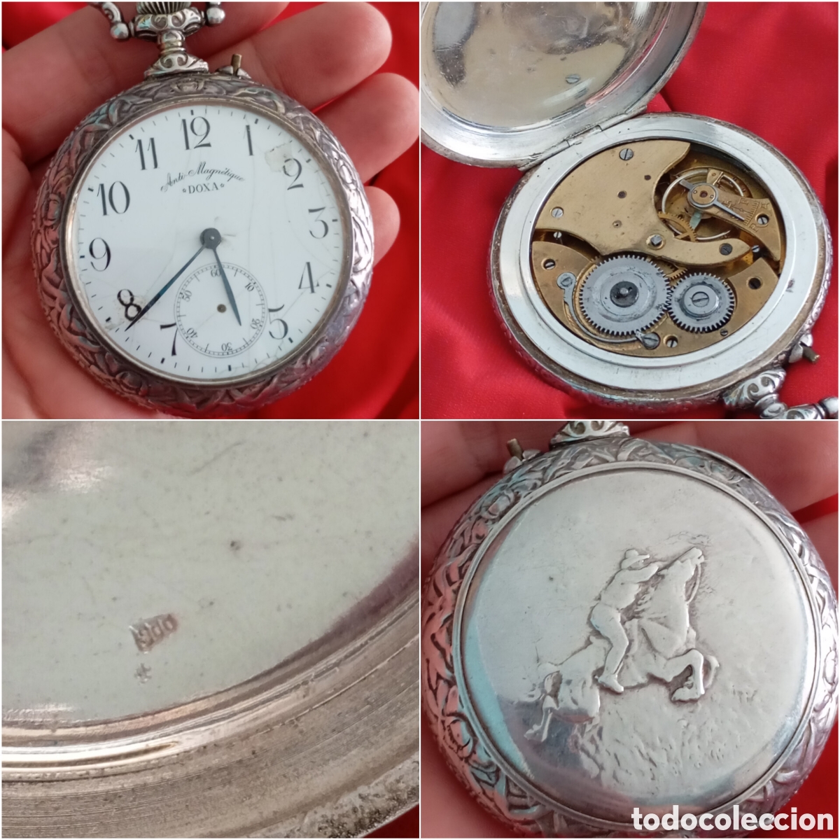 Relojes de bolsillo: Doxa 200gr Plata 900 Labrada escena caza 69mm A reparar volante bien Antiguo Reloj Goliat Mec&aacute;nico
