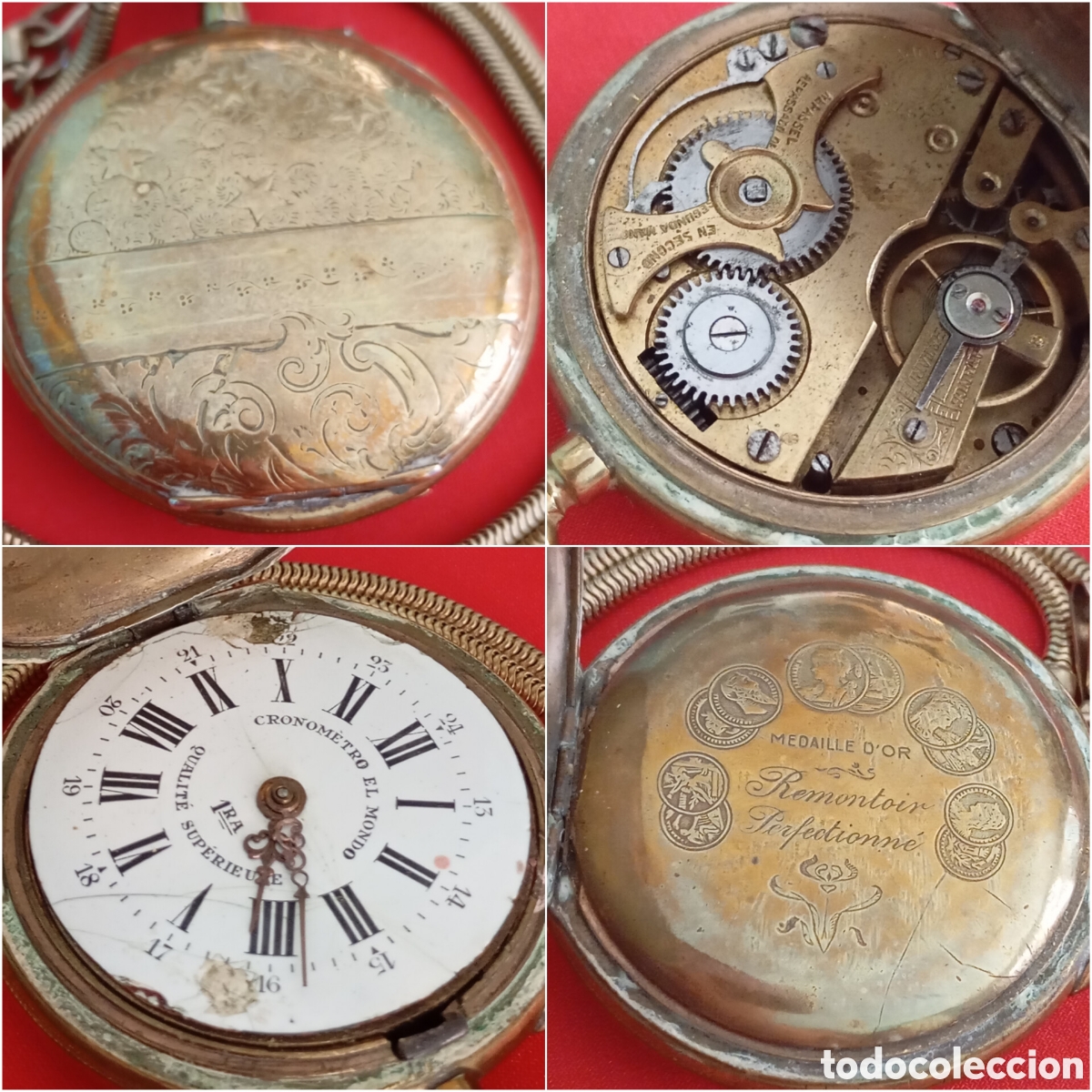 Orologi da taschino: Cron&oacute;metro El Mondo Caja lat&oacute;n tres tapas Arranca y para Antiguo reloj bolsillo mec&aacute;nico Leontina 54