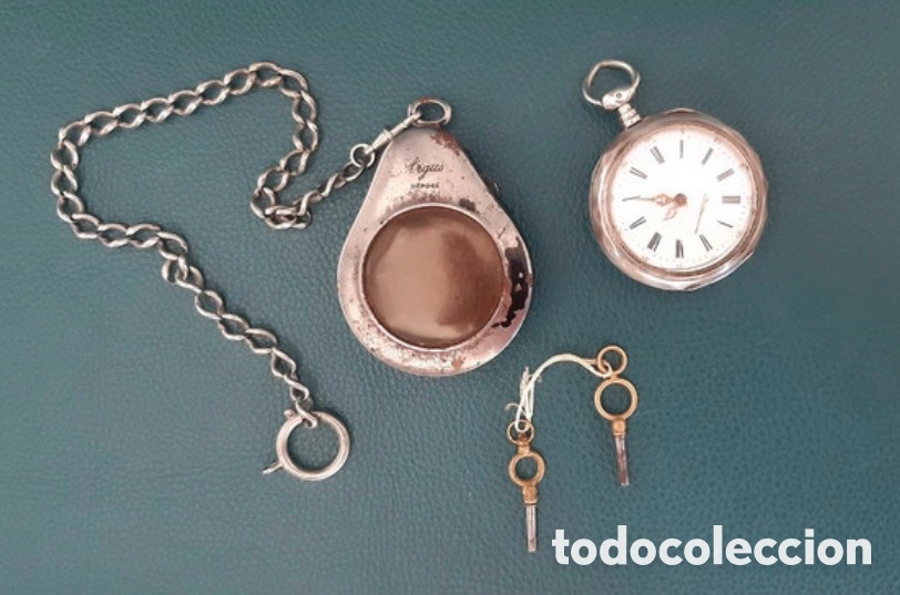Taschenuhren: Reloj de bolsillo de plata L. Cautier Brevete, llaves, leontina y chinchonera