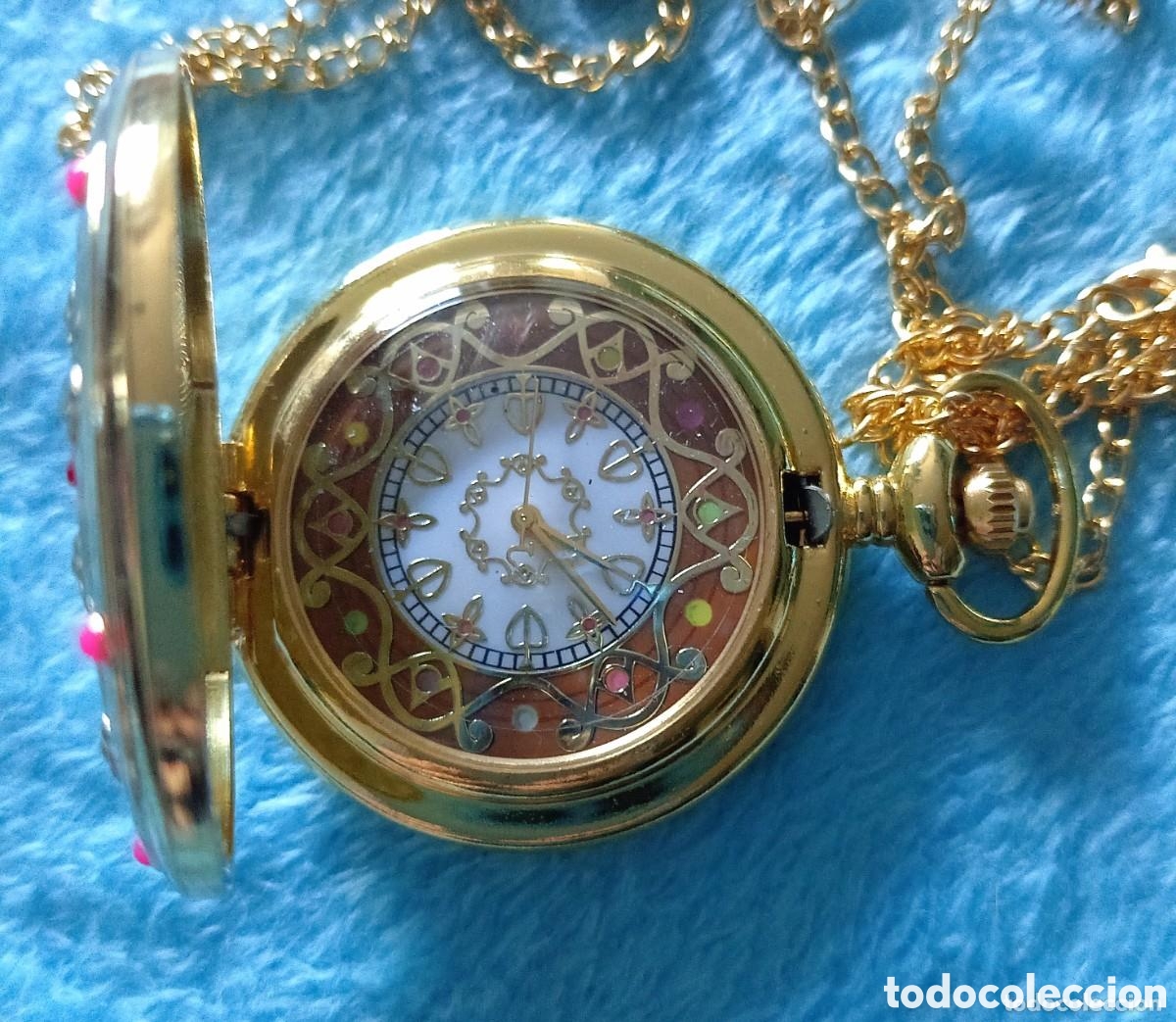 Orologi da taschino: Original reloj de bolsillo de carga manual dorado y blanco con tapa e incrustaciones 4,5cm di&aacute;m + ca