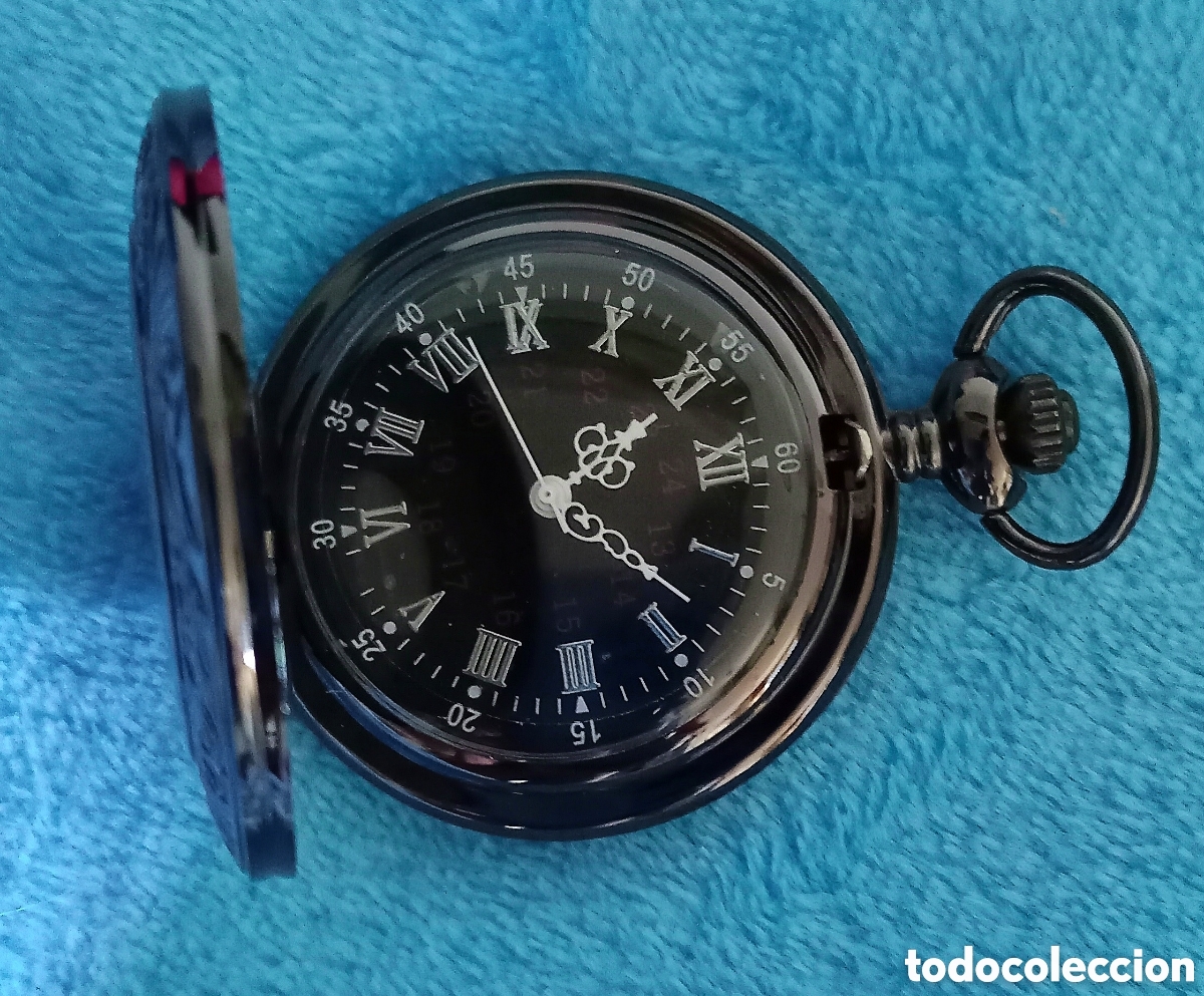 Rel&oacute;gios de bolso: Original reloj de bolsillo de carga manual negro hueco, con tapa, filigrana. 4,5cm di&aacute;m. Muy bonito