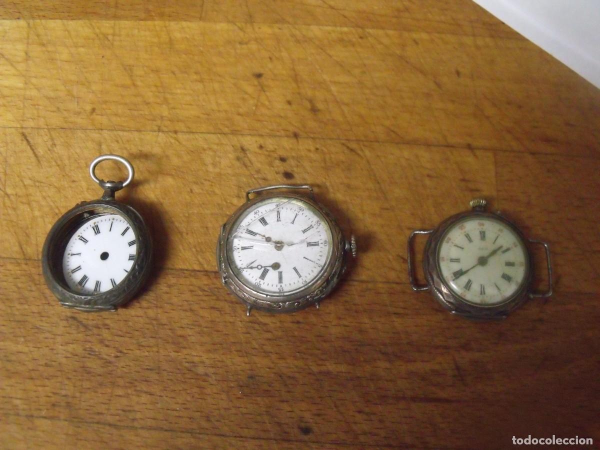 Relojes de bolsillo: 2 relojes antiguos pulsera en plata-1 caja en plata- 1 funciona-lote 259-98