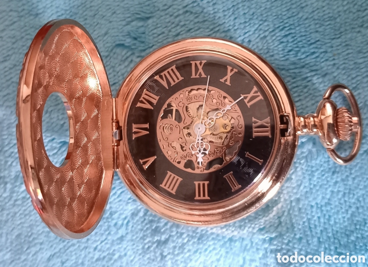 Relojes de bolsillo: Original reloj de bolsillo de carga manual mec&aacute;nico de cuerda color oro rosa y negro con tapa hueco