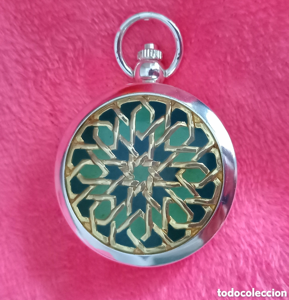 Rel&oacute;gios de bolso: Original reloj de bolsillo mec&aacute;nico de cuerda. Verde, plateado y azul con tapa 4,5cm di&aacute;m Muy bonito