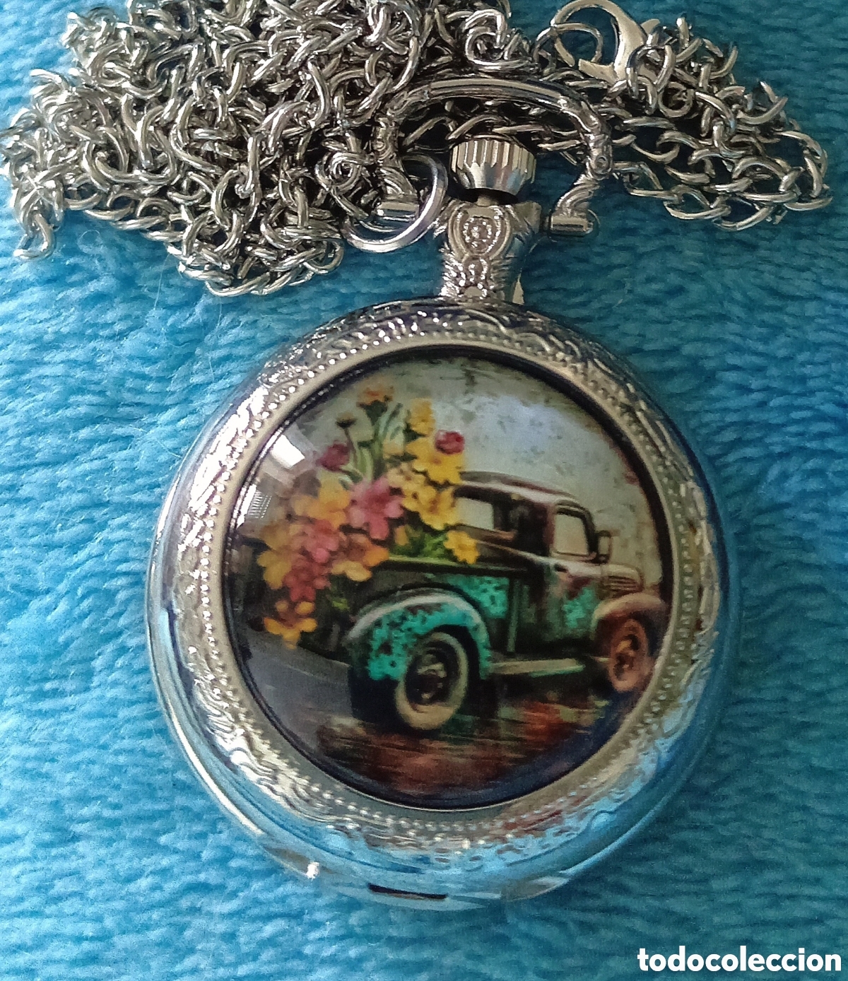 Relojes de bolsillo: Original reloj de bolsillo de carga manual color plateado coche retro. Con tapa y cristal 3,5cm di&aacute;m