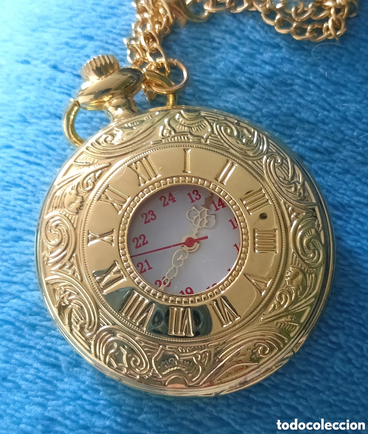 Relojes de bolsillo: Original reloj de bolsillo de carga manual dorado con tapa y cadena. 4,5cm di&aacute;m. Muy bonito