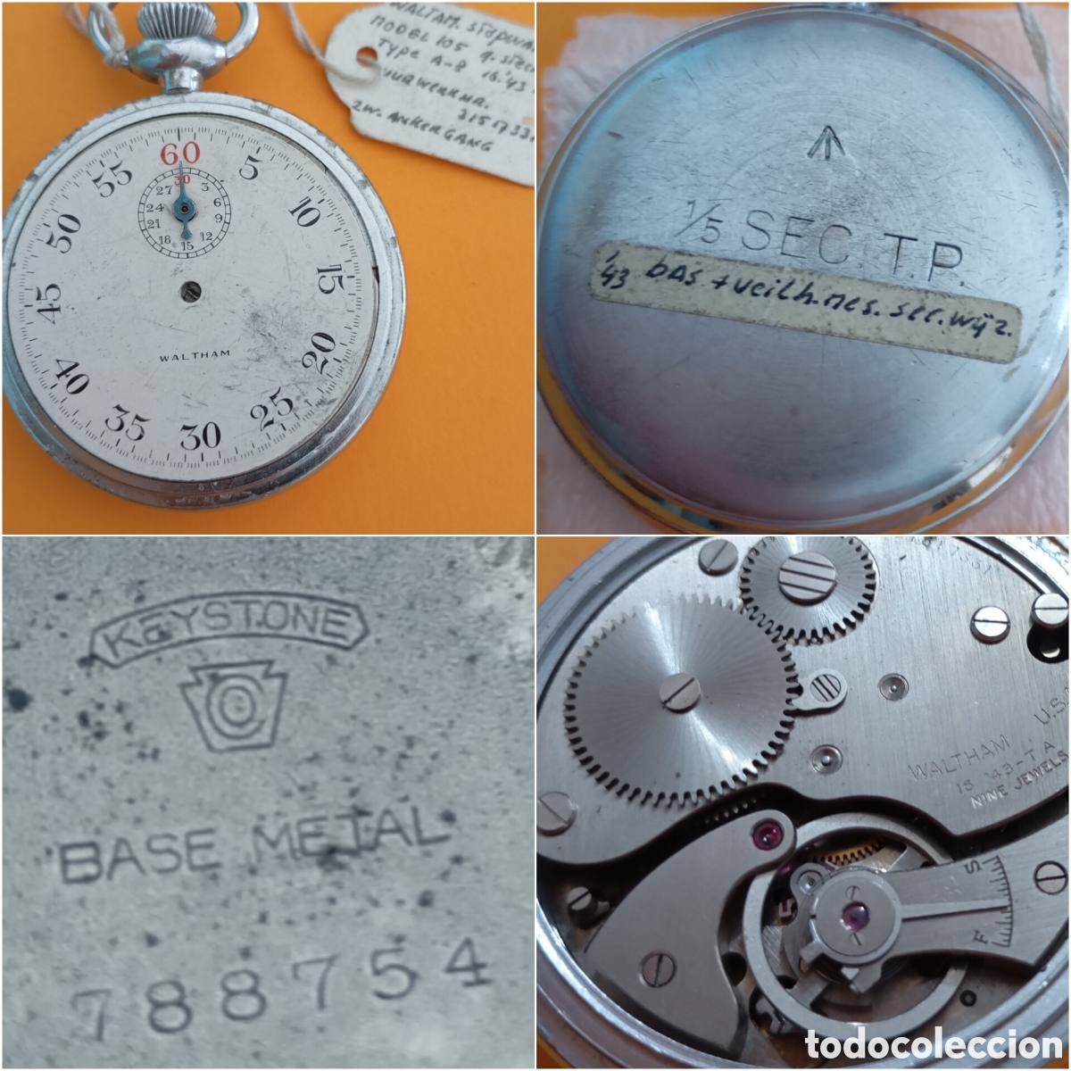 Relojes de bolsillo: Cron&oacute;metro Waltham U.S.A. Militar Segunda Guerra Mundial Ej&eacute;rcito Brit&aacute;nico Keystone Eje Volante mal