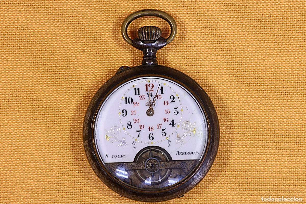 Relojes de bolsillo: Reloj. Bolsillo Hebdomas. Caja pavonada. Esfera esmalte blanco. Hebdomas Pocket Watch. Blued case