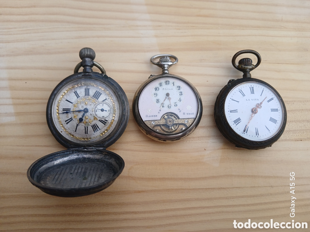 Relojes de bolsillo: TRES RELOJES DE BOLSILLO 8 DIAS ETC, CARGA MANUAL.