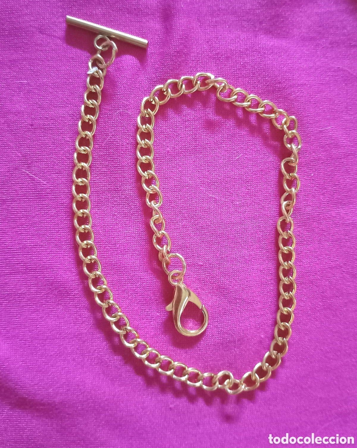 Relojes de bolsillo: Original Leontina, cadena de reloj de bolsillo dorada de T, cierre mosquet&oacute;n y eslabones 37cm aprox.