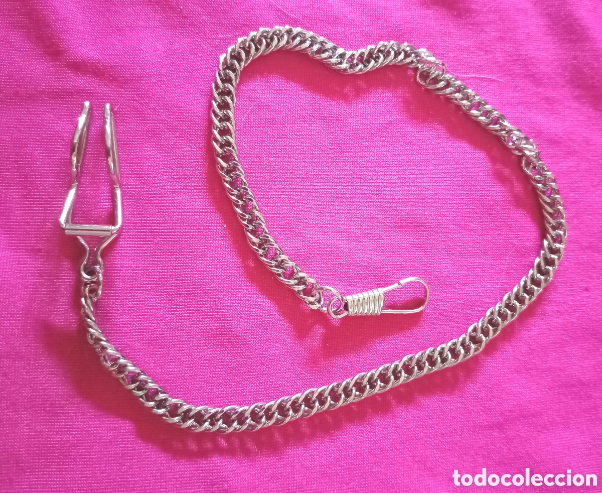 Relojes de bolsillo: Leontina, cadena de eslabones de espiga para reloj de bolsillo plateada. 37cm aprox L. Muy bonita