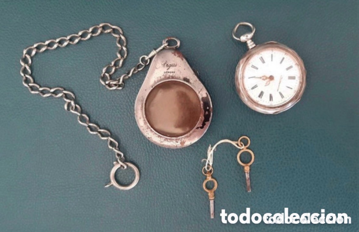 Relojes de bolsillo: Reloj de bolsillo de plata L. Cautier Brevete, llaves, leontina y chinchonera