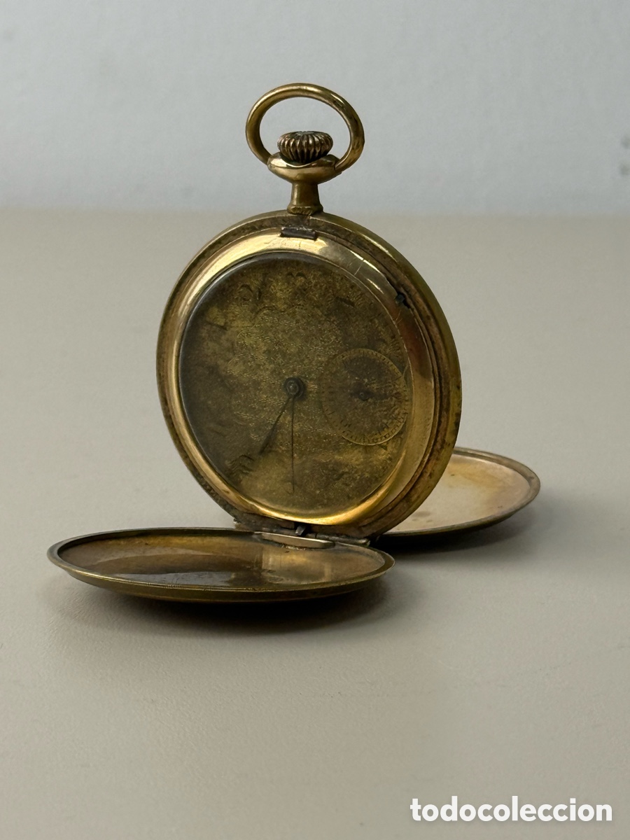 Orologi da taschino: Antiguo reloj de bolsillo tipo Lepine con caja met&aacute;lica dorada y dos tapas