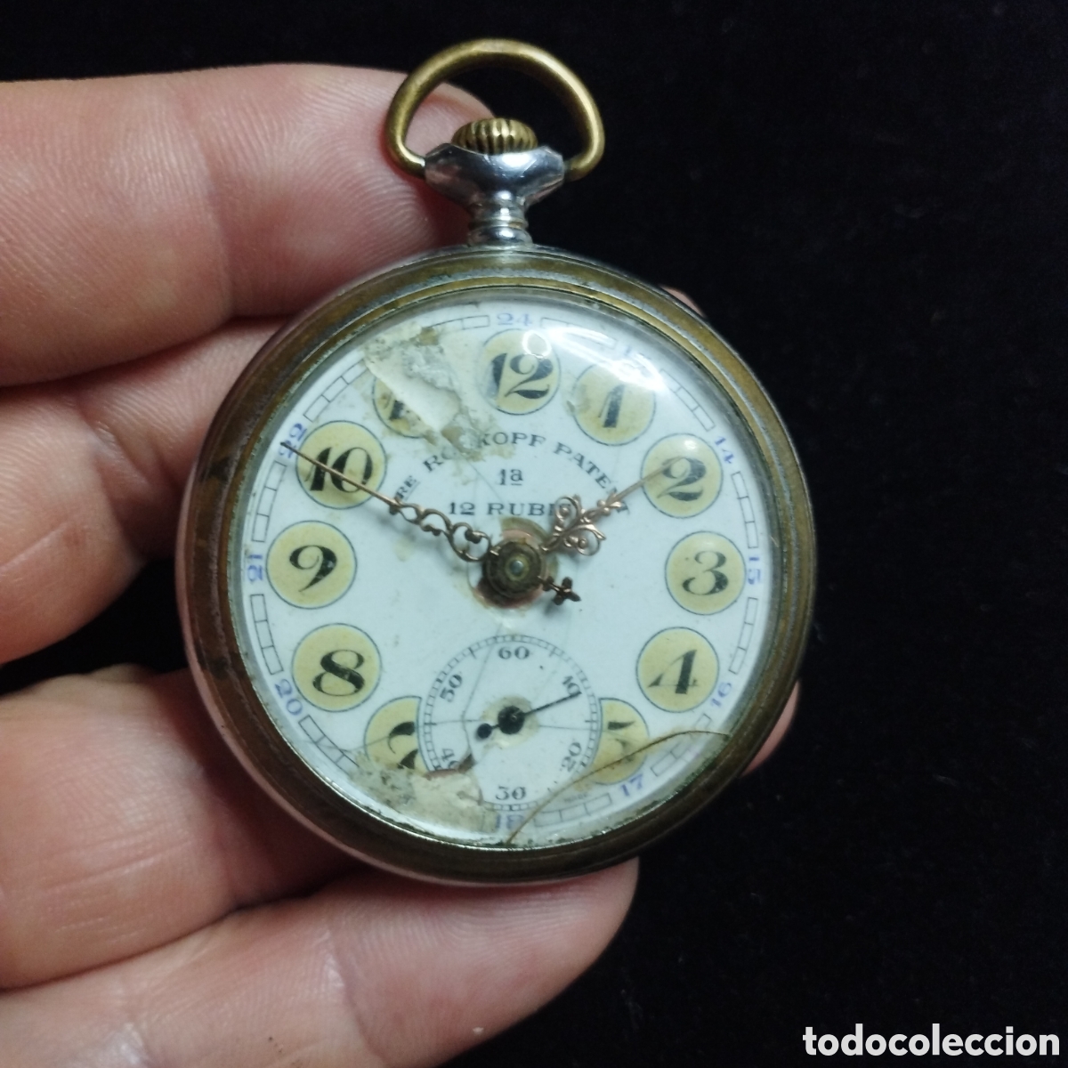 Taschenuhren: Reloj de bolsillo Rosskoff. Remontoir. Funcionando. Cristal roto esfera rota , falta tapa, para rest