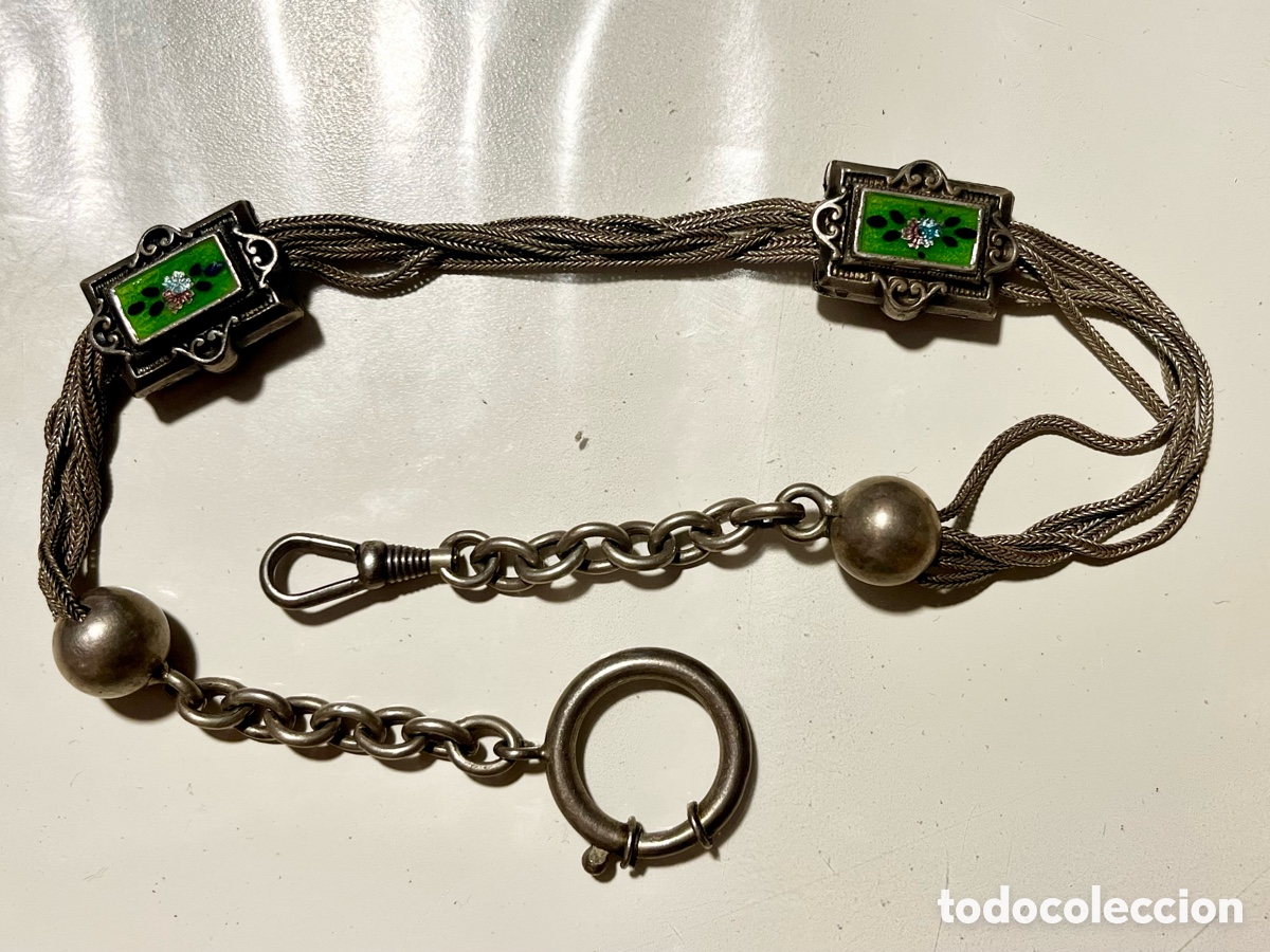 Relojes de bolsillo: Leontina victoriana de hilos de plata con pasadores esmaltados, para reloj de bolsillo Mosqueton .