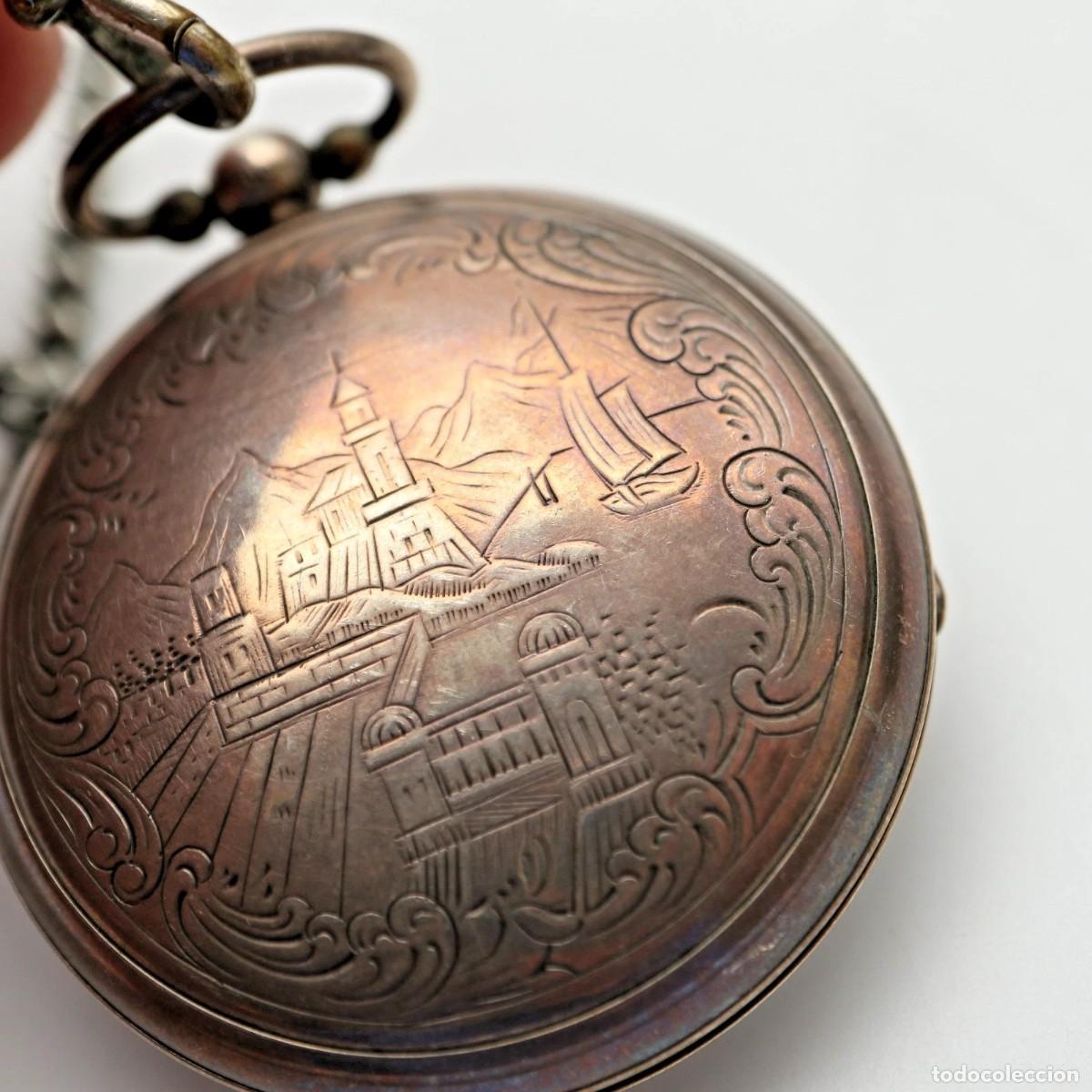 Relojes de bolsillo: ANTIGUO RELOJ BOLSILLO CATALINO PLATA-A&Ntilde;O 1820-PRECIOSO GRABADO PAISAJE-LOTE 259-100-FUNCIONA