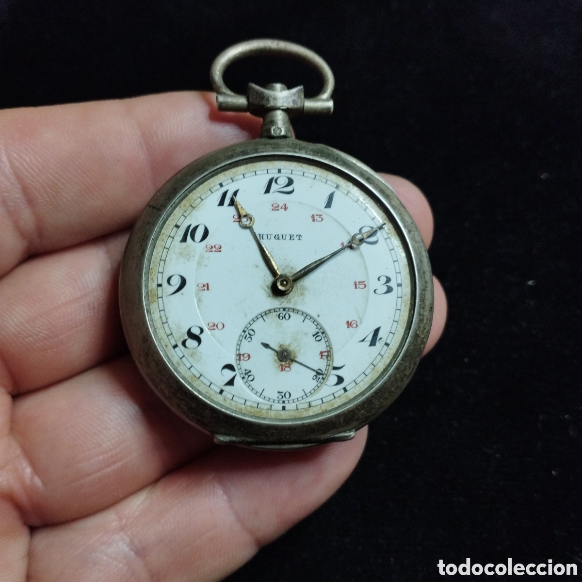 Relojes de bolsillo: Reloj de bolsillo. Huguet/ Dollar. No funciona, falta cristal , la maquinaria empotrada . &iquest;Plata?