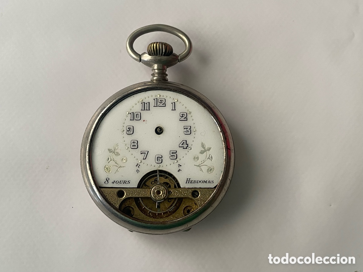 Relojes de bolsillo: Hebdomas 8 Jours, volante visible, caja grabada 50mm - No funciona