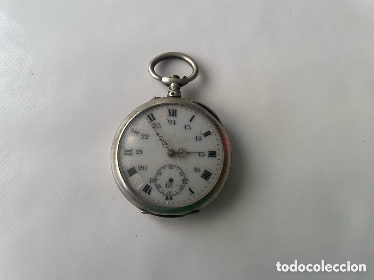Relojes de bolsillo: Reloj de bolsillo plata (sello cangrejo), doble esfera 12/24h, 44mm - Sin tija