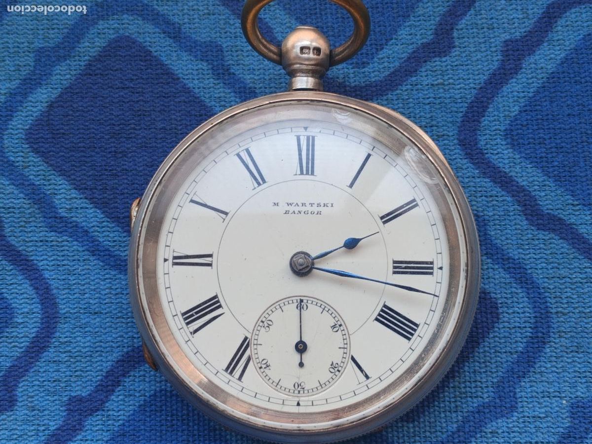 Relojes de bolsillo: Excelente reloj semicatalino ingl&eacute;s de plata M. Wartski, Bangor, Walles, Gales