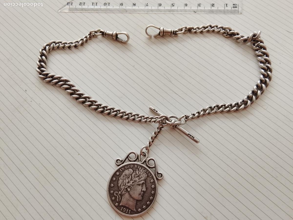 Relojes de bolsillo: Muy buena leontina de plata antigua contrastada. Moneda tipo Half Dollar de plata USA