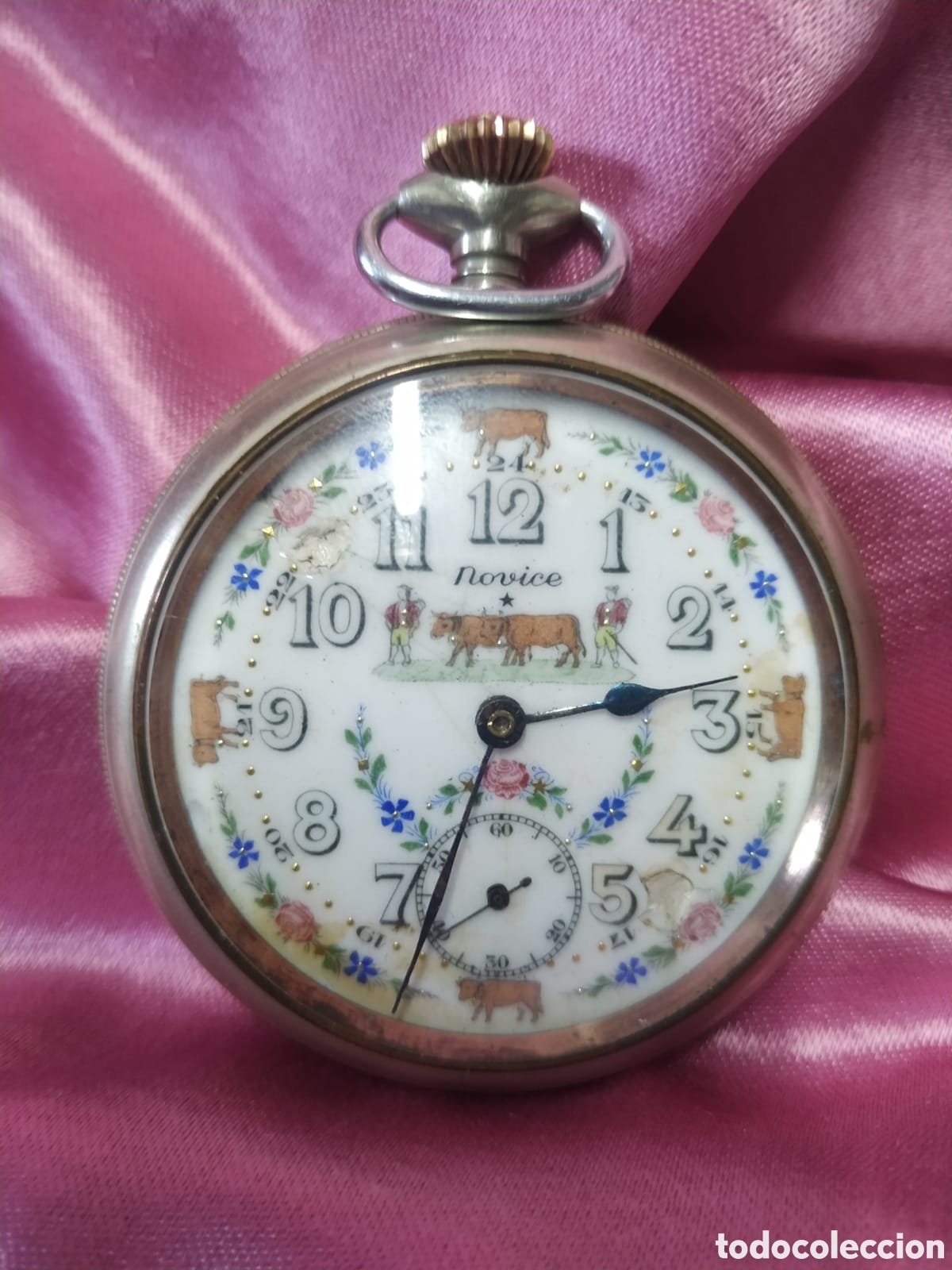 Relojes de bolsillo: Reloj con esmaltes marca Navice. Funcionando, plateado
