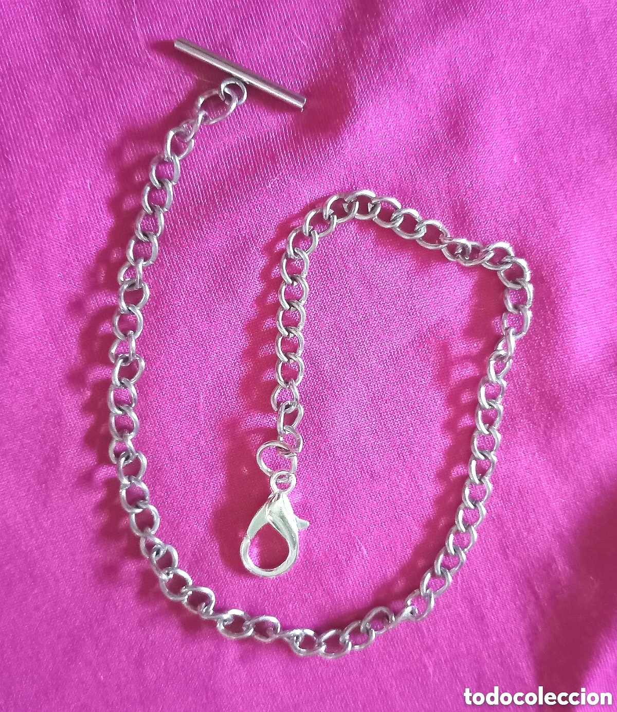 Rel&oacute;gios de bolso: Original Leontina, cadena de reloj de bolsillo plateada de T, cierre mosquet&oacute;n y eslabones 33cm apro