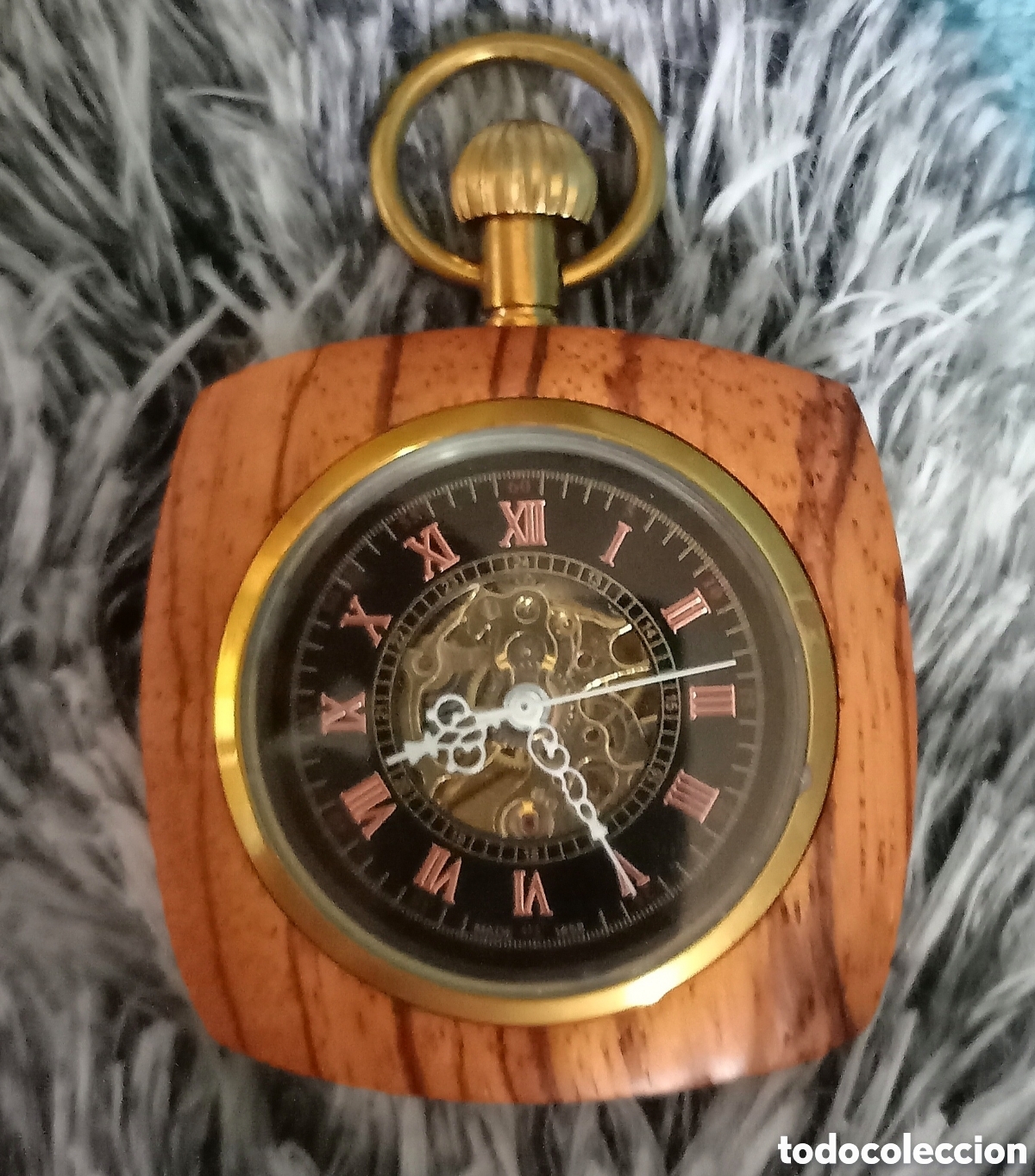 Relojes de bolsillo: Original reloj de bolsillo de carga manual mec&aacute;nico de cuerda de madera, negro, dorado con n&uacute;meros c