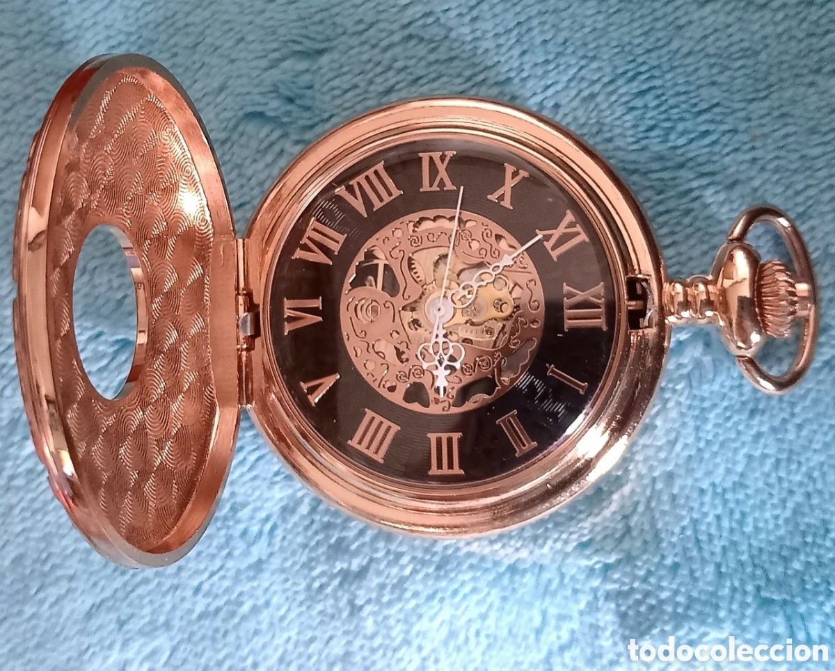 Relojes de bolsillo: Original reloj de bolsillo de carga manual mec&aacute;nico de cuerda color oro rosa y negro con tapa hueco